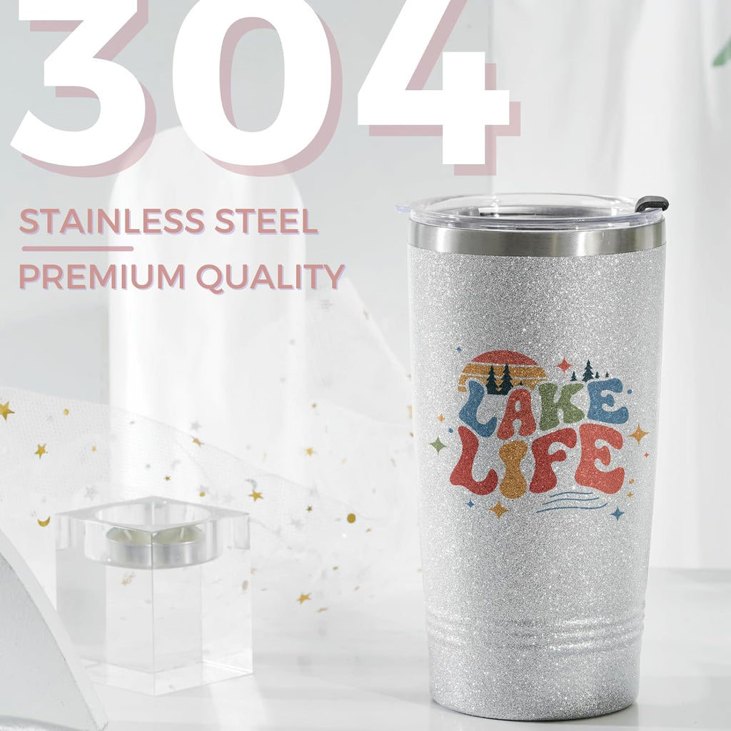 Lake House Gifts, Lake Life Gifts for Women/Men, 20Oz Insulated Tumbler, Perfect for Boat Owner/Lake Lovers - Lake Life (Giltter Silver)