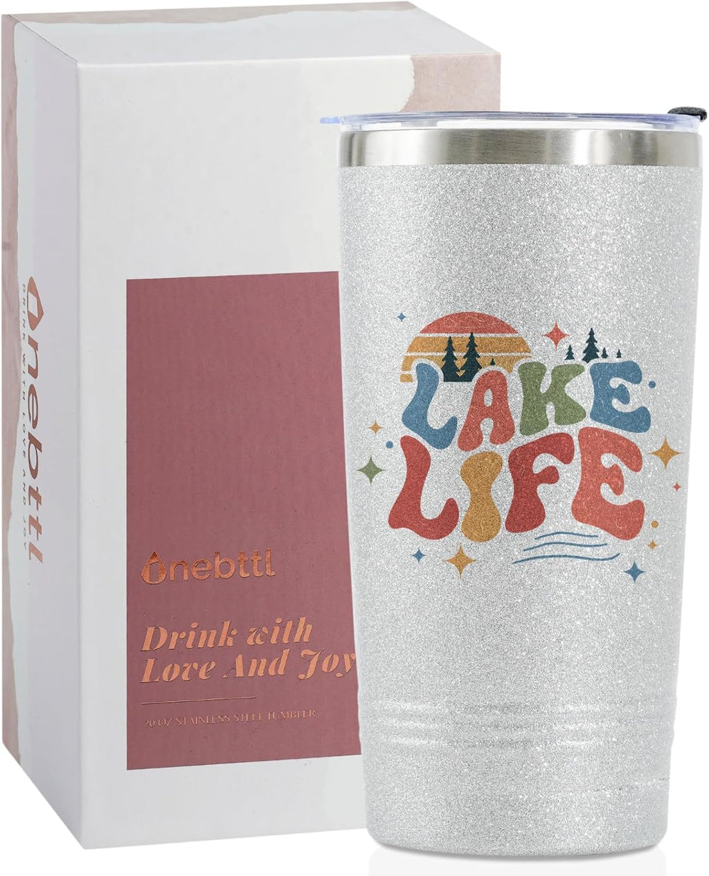 Lake House Gifts, Lake Life Gifts for Women/Men, 20Oz Insulated Tumbler, Perfect for Boat Owner/Lake Lovers - Lake Life (Giltter Silver)