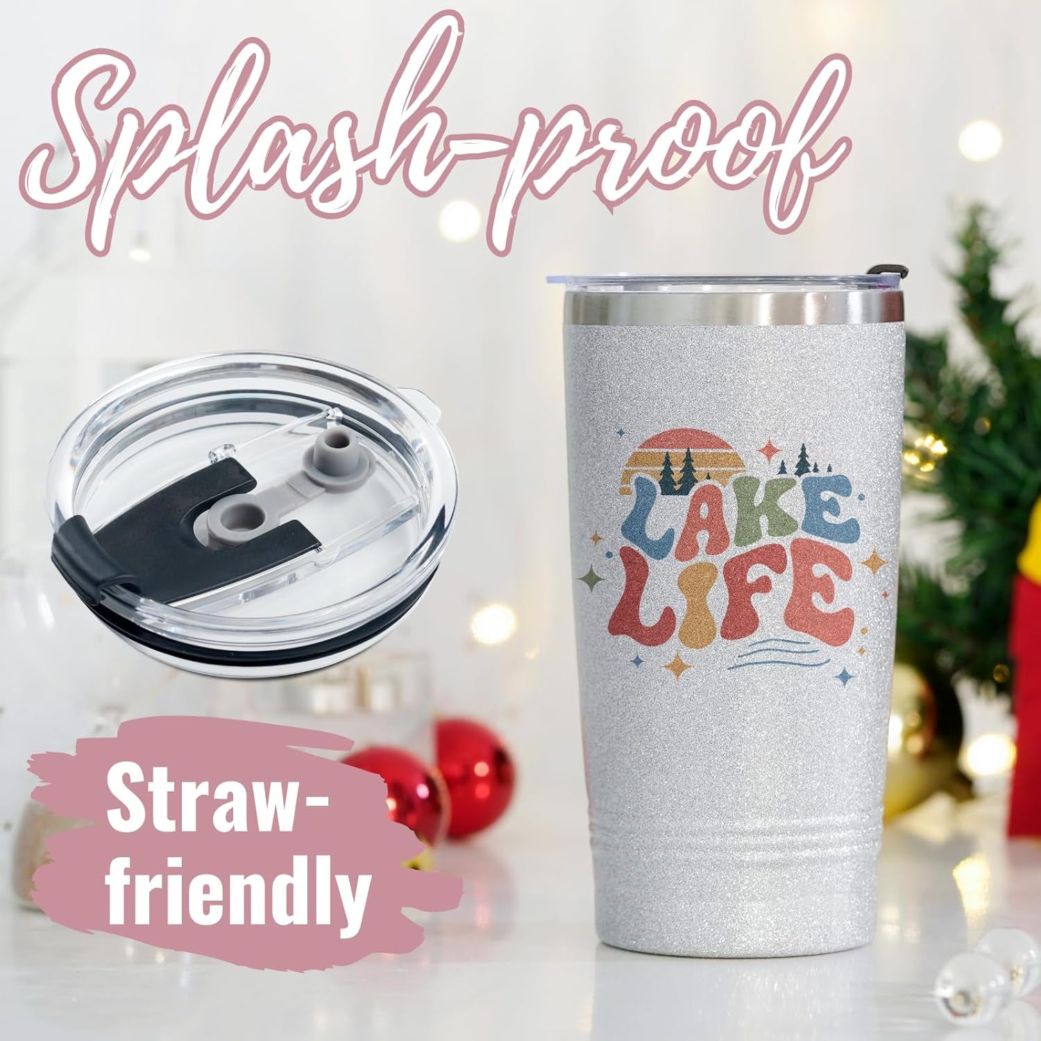 Lake House Gifts, Lake Life Gifts for Women/Men, 20Oz Insulated Tumbler, Perfect for Boat Owner/Lake Lovers - Lake Life (Giltter Silver)