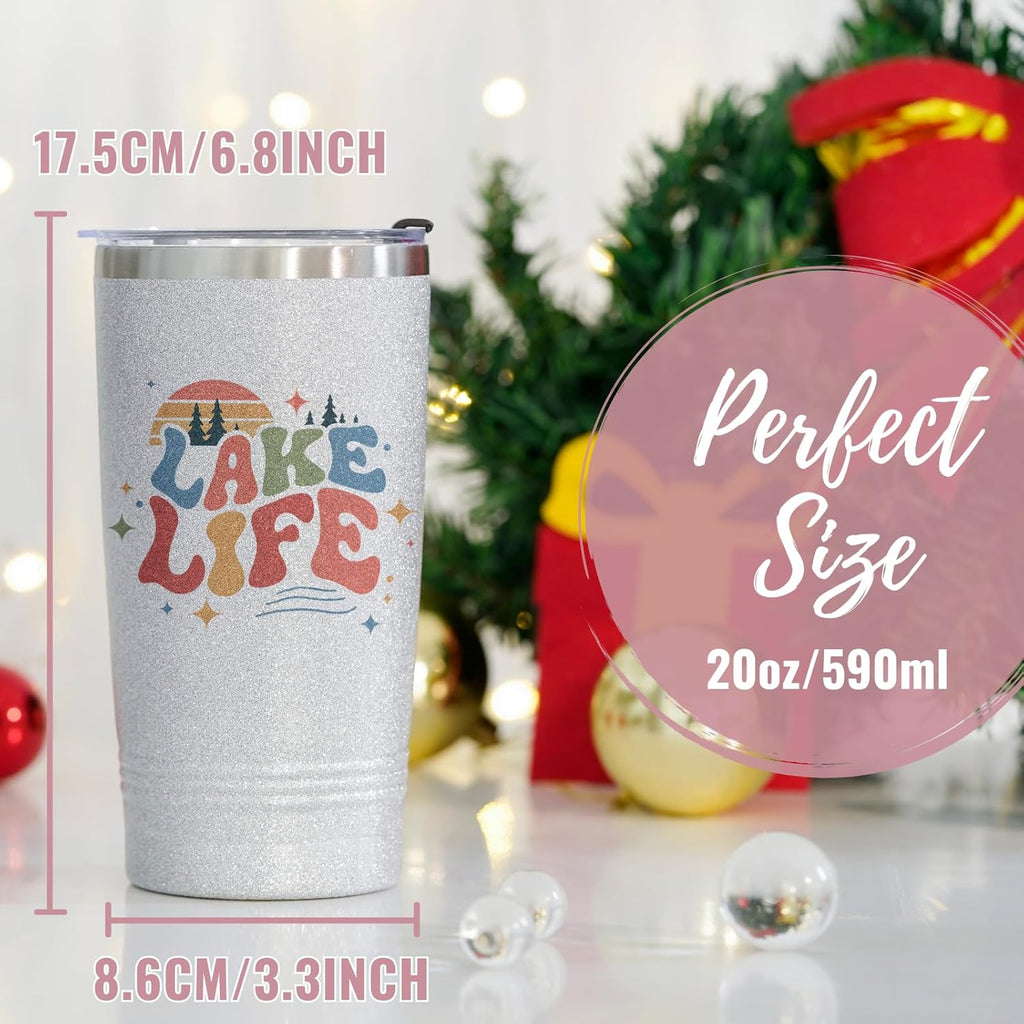 Lake House Gifts, Lake Life Gifts for Women/Men, 20Oz Insulated Tumbler, Perfect for Boat Owner/Lake Lovers - Lake Life (Giltter Silver)