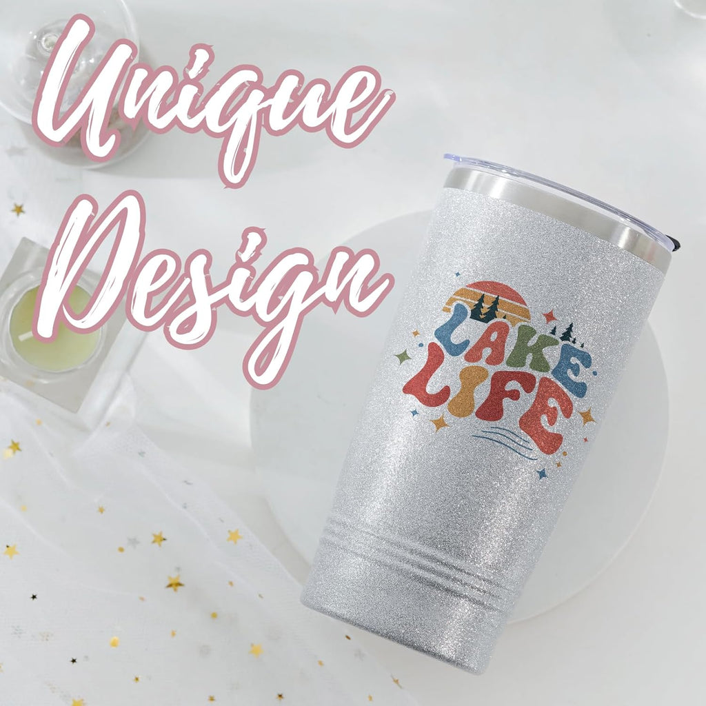 Lake House Gifts, Lake Life Gifts for Women/Men, 20Oz Insulated Tumbler, Perfect for Boat Owner/Lake Lovers - Lake Life (Giltter Silver)
