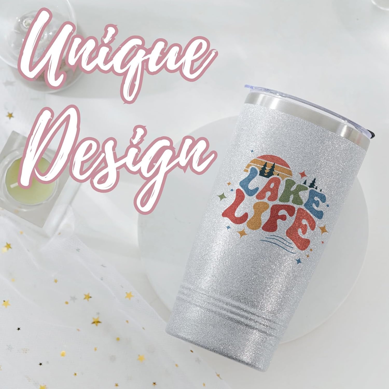 Lake House Gifts, Lake Life Gifts for Women/Men, 20Oz Insulated Tumbler, Perfect for Boat Owner/Lake Lovers - Lake Life (Giltter Silver)